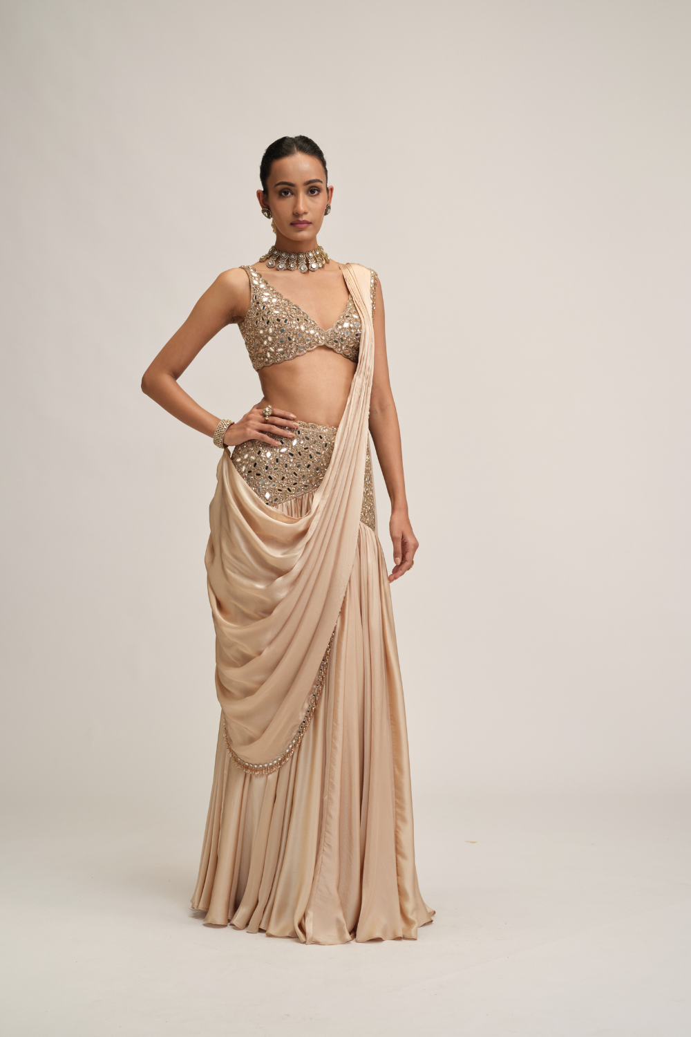 Light Beige Satin Draped Saree Set