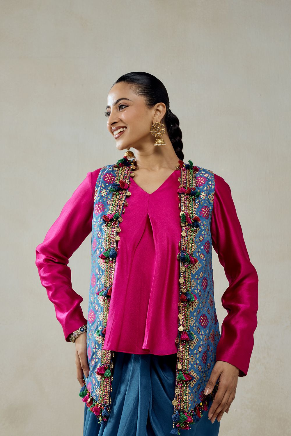 Royal Blue Patola Short Jacket With Dhoti Skirt Set