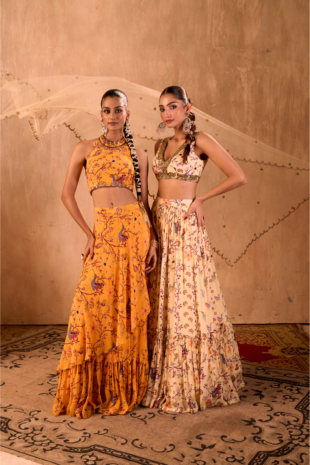 YELLOW PRINT EMBROIDERED HALTER CHOLI AND LAYERED LEHENGA SKIRT SET