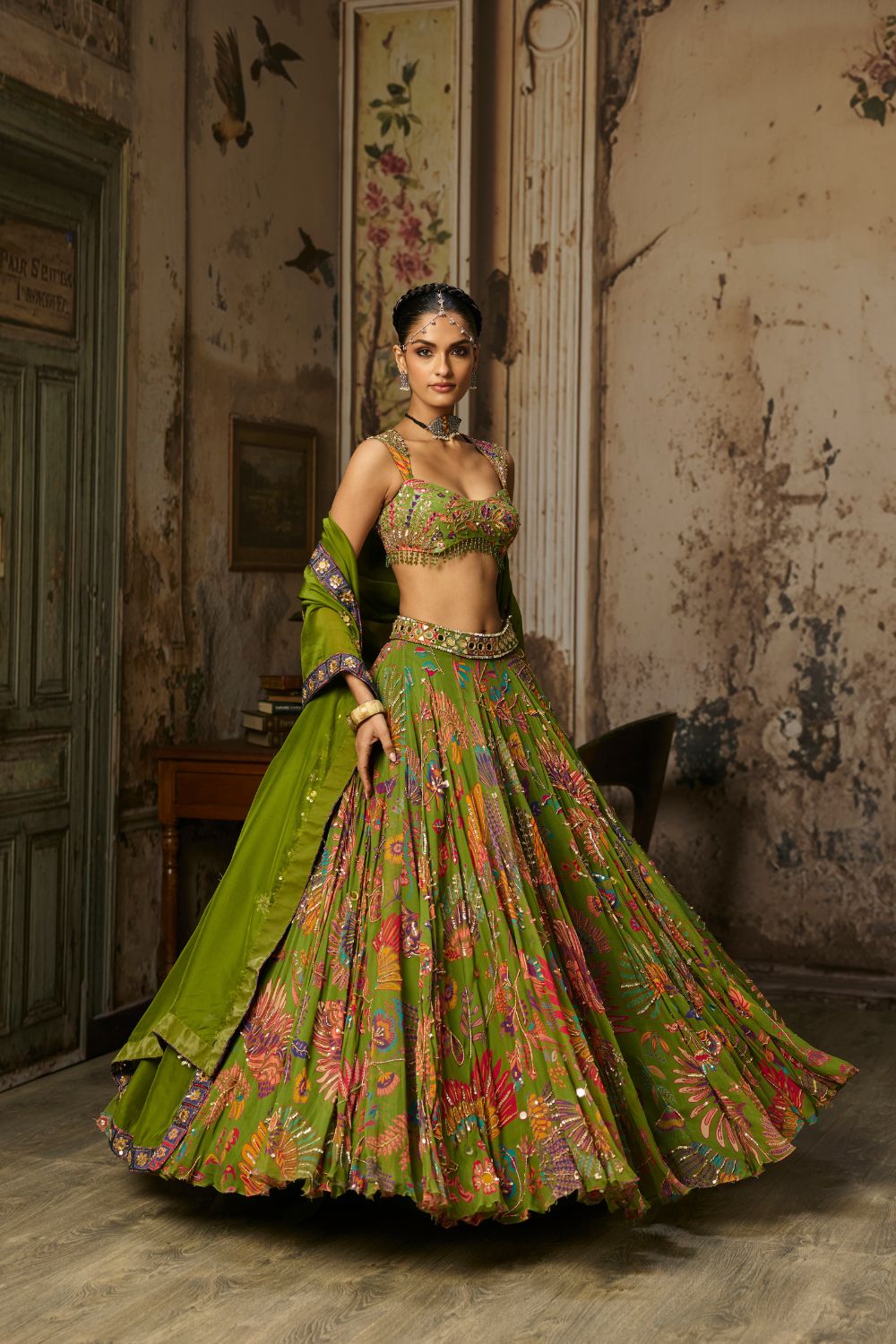 PEAR GREEN PRINTED AND HIGHLIGHTED LEHENGA SET