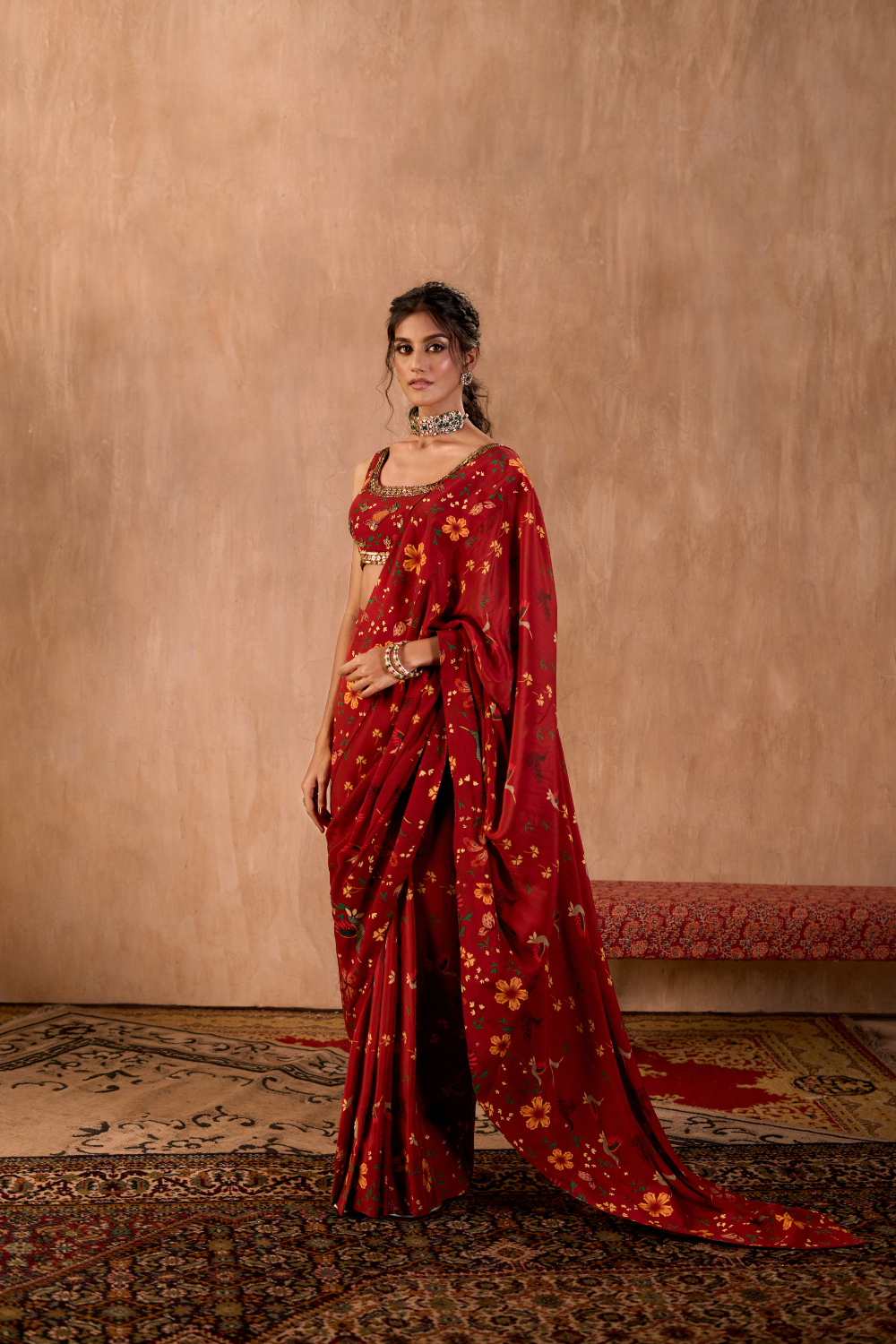 RED PRINT EMBROIDERED CHOLI WITH PRE-DRAPED SARI SET