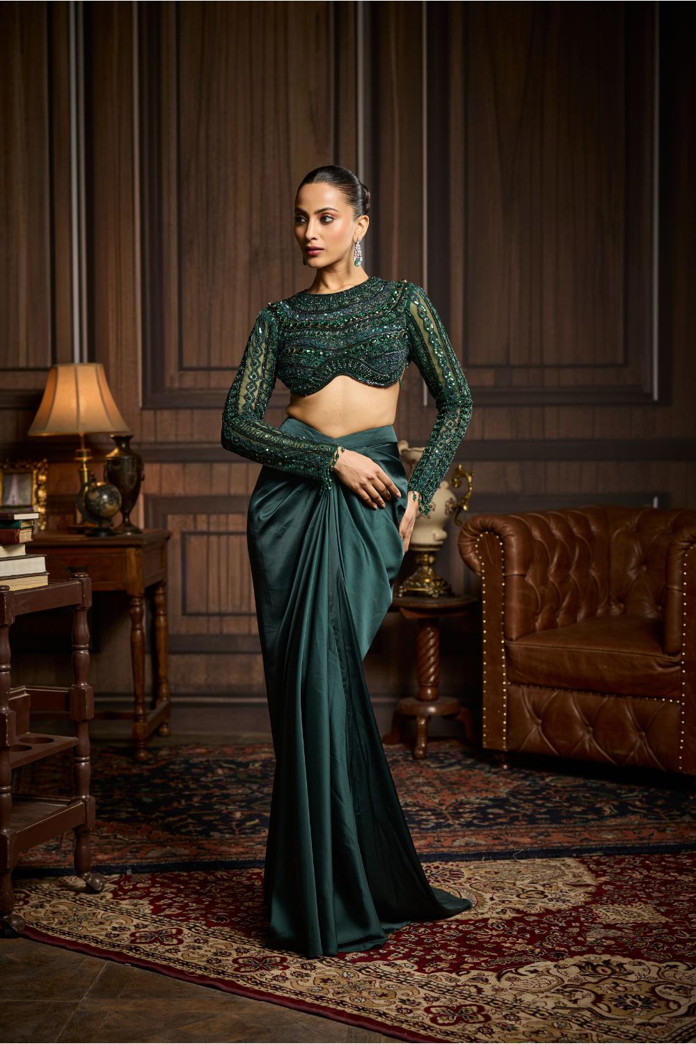 EMERALD GREEN EMBROIDERED BLOUSE AND DRAPED SKIRT SET