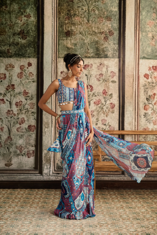 TEAL PRINT AND AND HIGHLIGHTED SQUARE NECK BLOUSE WITH TIERED SKIRT SAREE SET