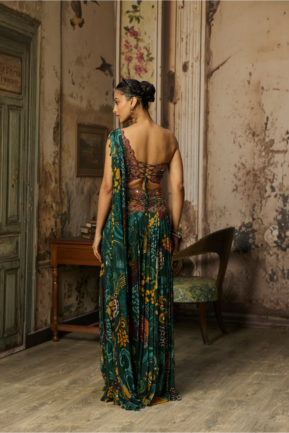 DARK GREEN PRINT AND HIGHLIGHTED PLEATED PANTS SET