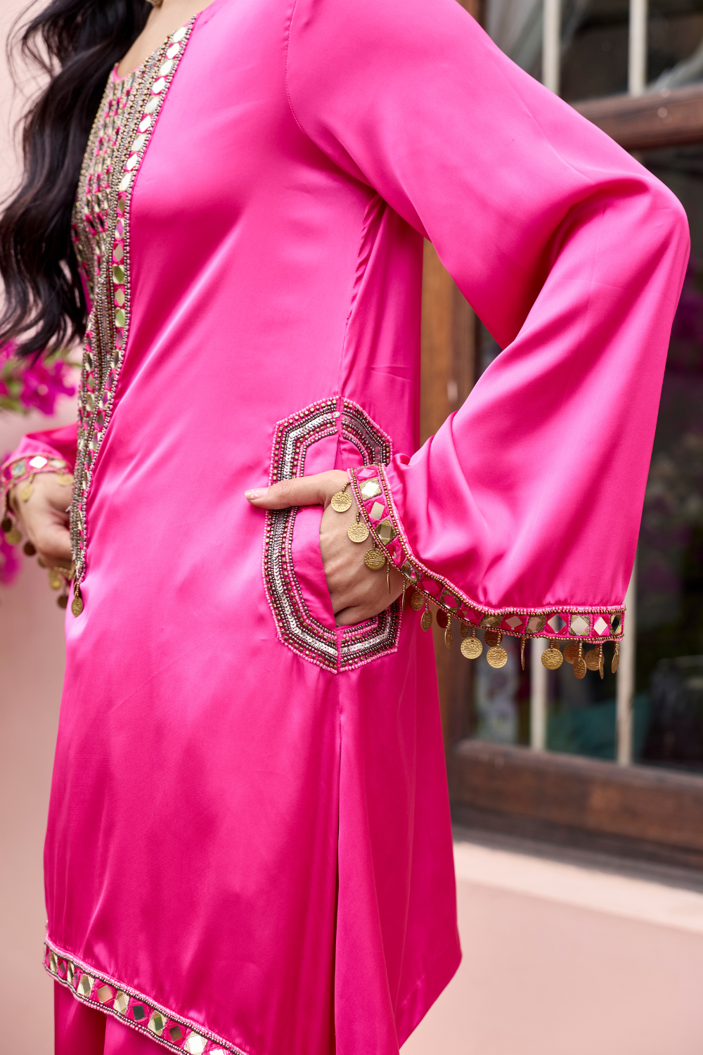 FUSCHIA PINK EMBROIDERED KURTI SET