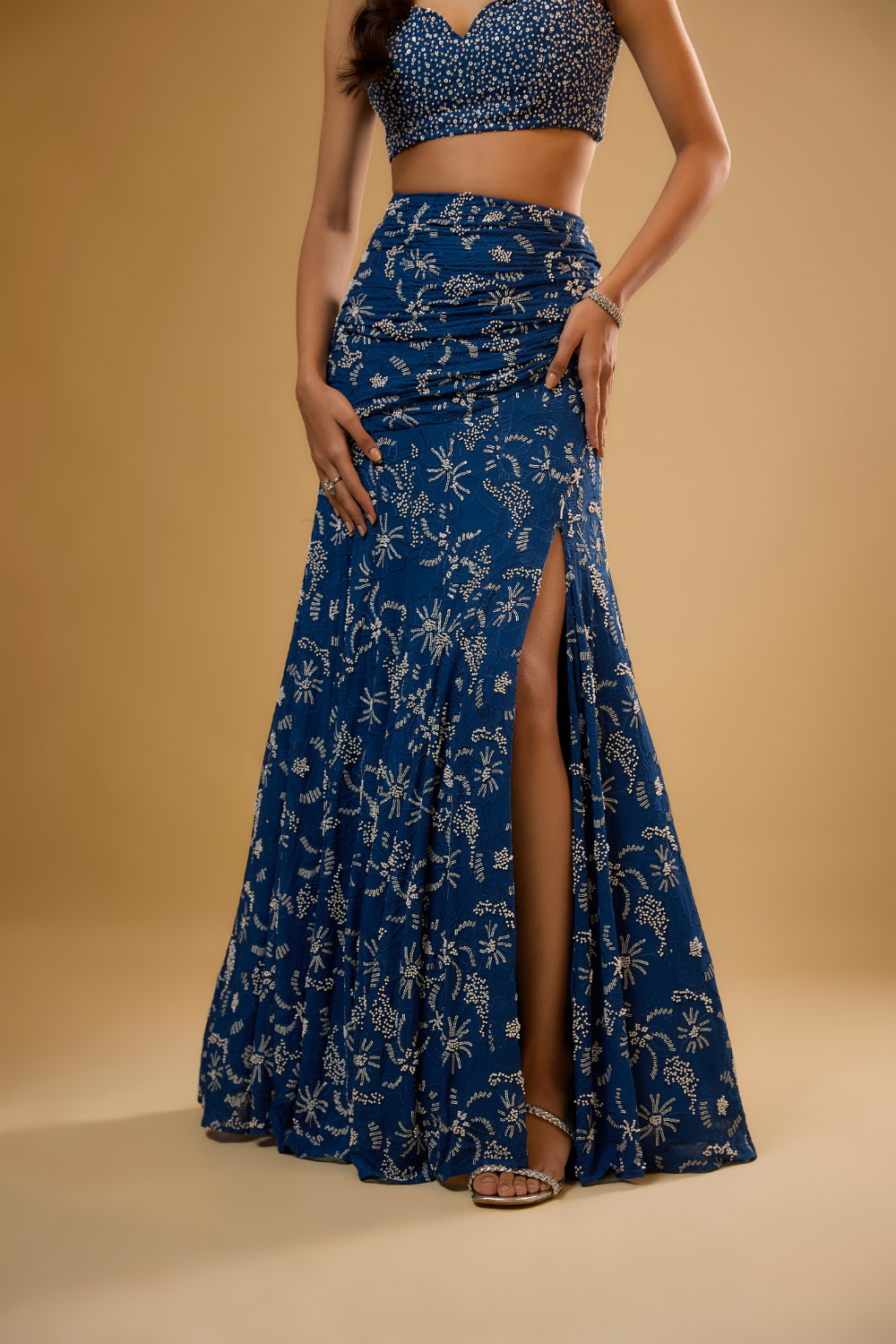 Egyptian blue georgette lehenga set embroidered with sequins, glass beads & threadwork