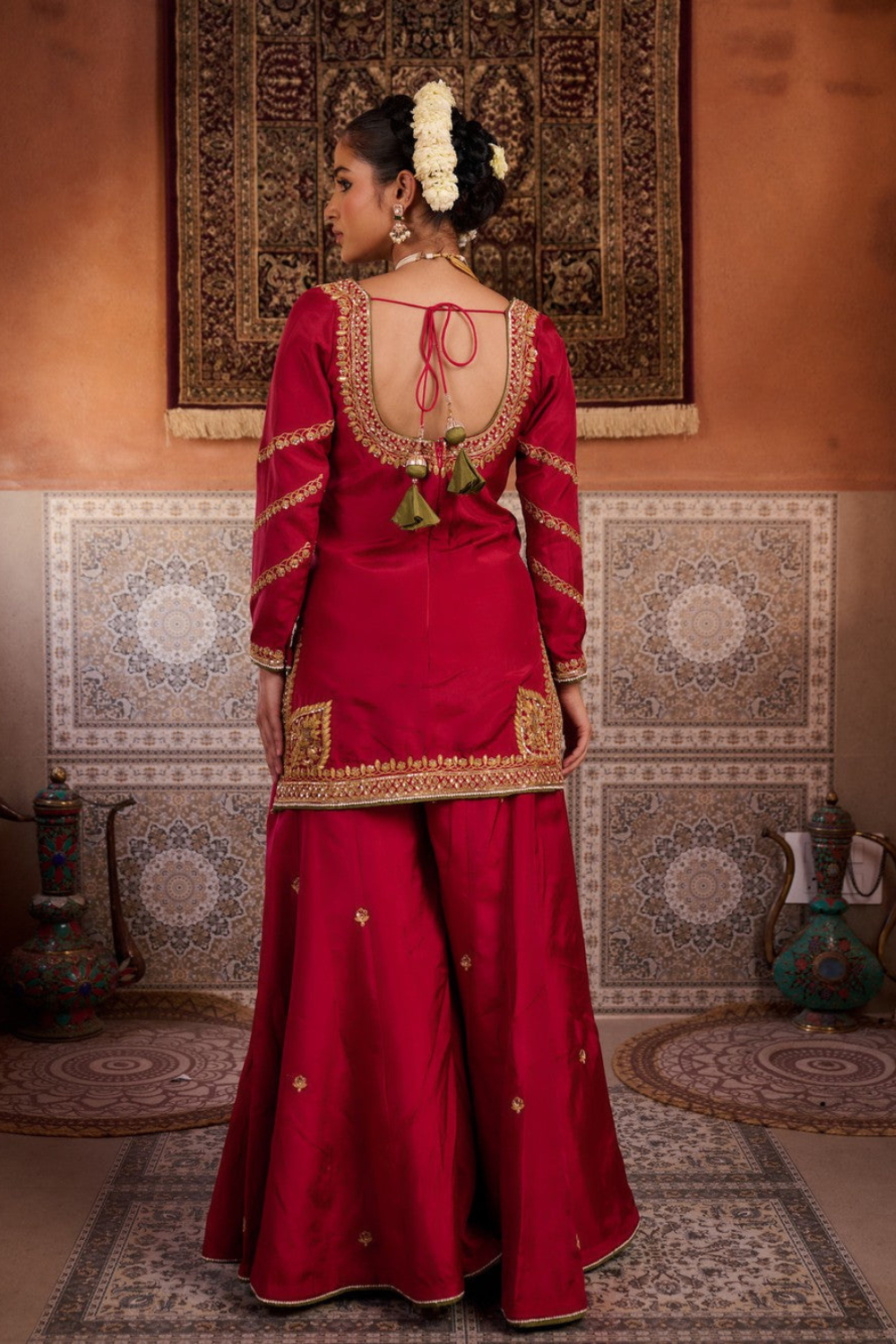 Red upada silk kurti, sharara and shimmer tissue dupatta