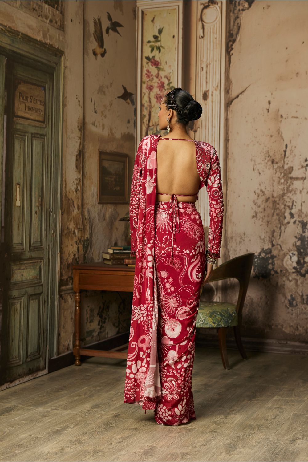 SCARLET RED PRINTED AND HIGHLIGHTED DHOTI SKIRT SAREE SET