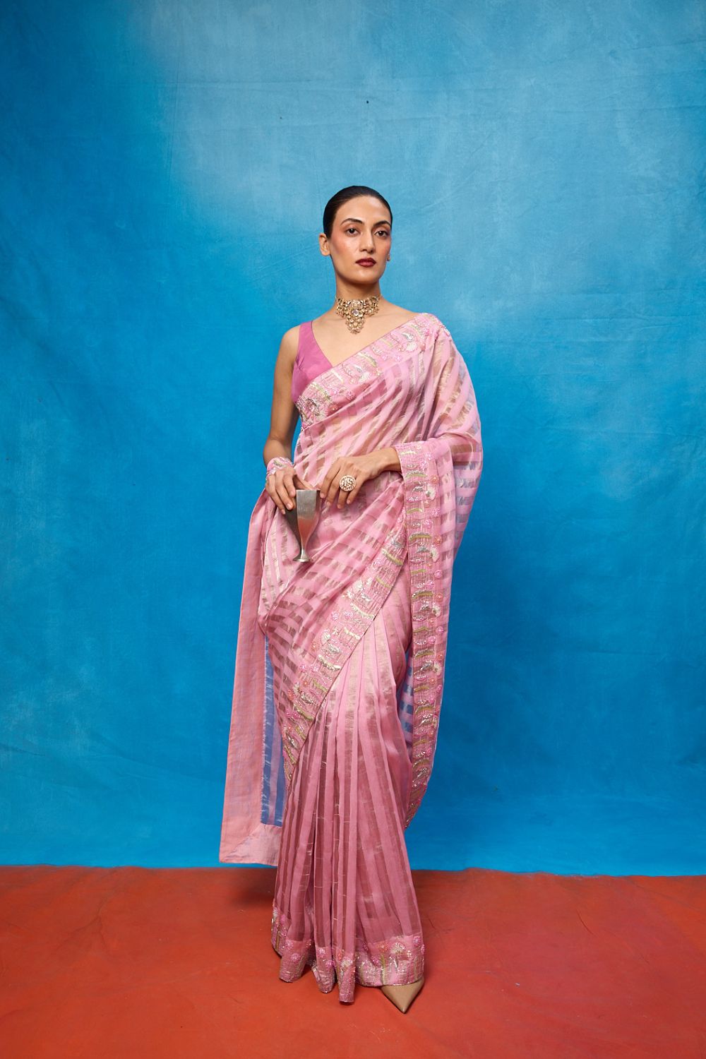 Handwoven Pink Tissue Embroidered Saree
