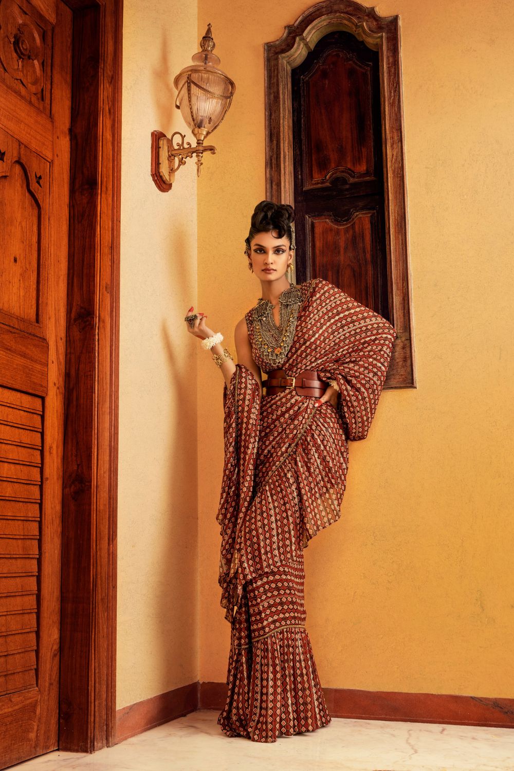 Brown Printed & Embroidered Saree Set