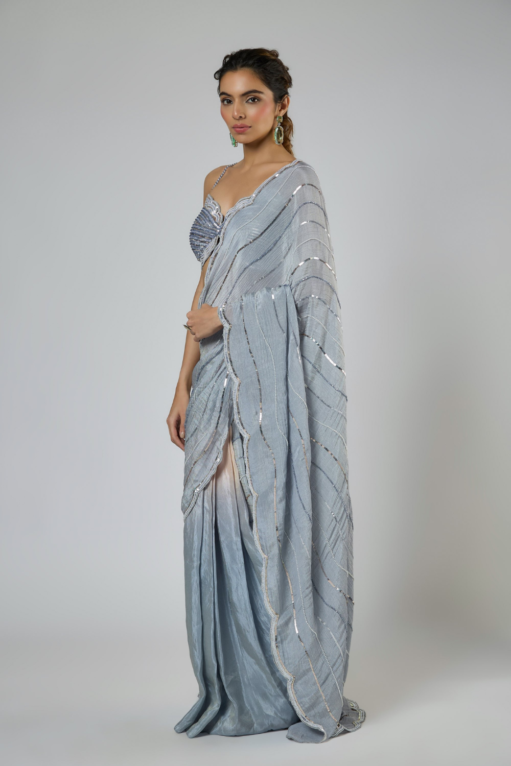 PERIWINKLE SCALOP CUTWORK EMBROIDERED SAREE SET