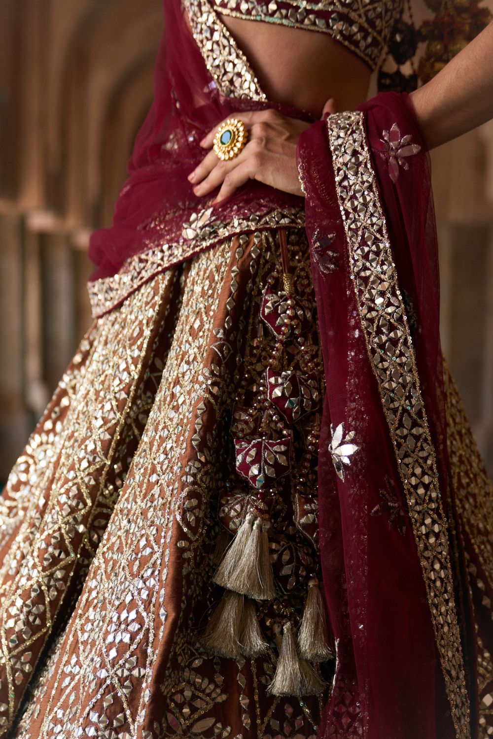 PRITHVI — Brown Raw Silk Lehenga Set with Contrast Maroon Blouse