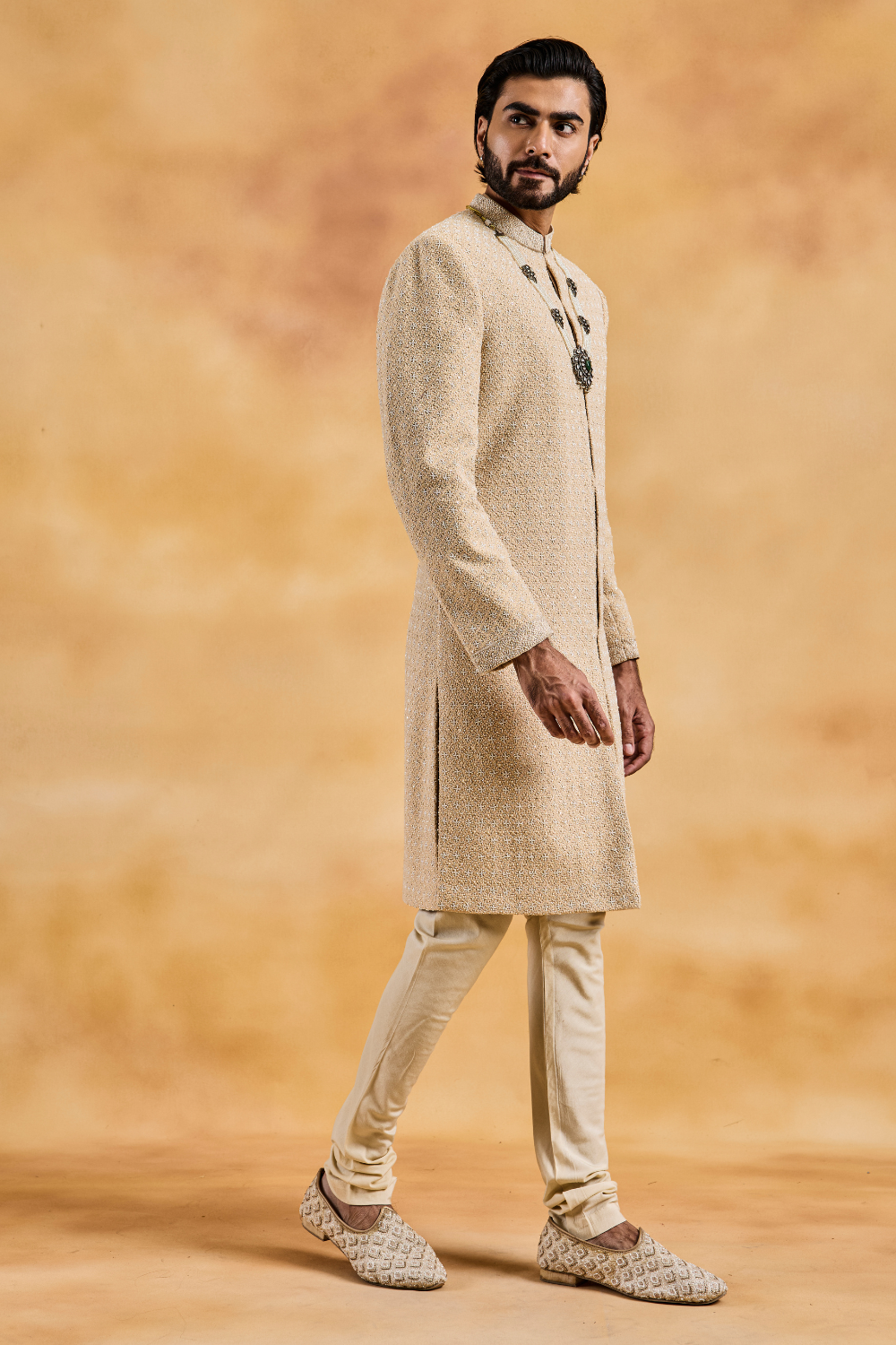Champagne Raw Silk Sherwani Kurta Churidar Set