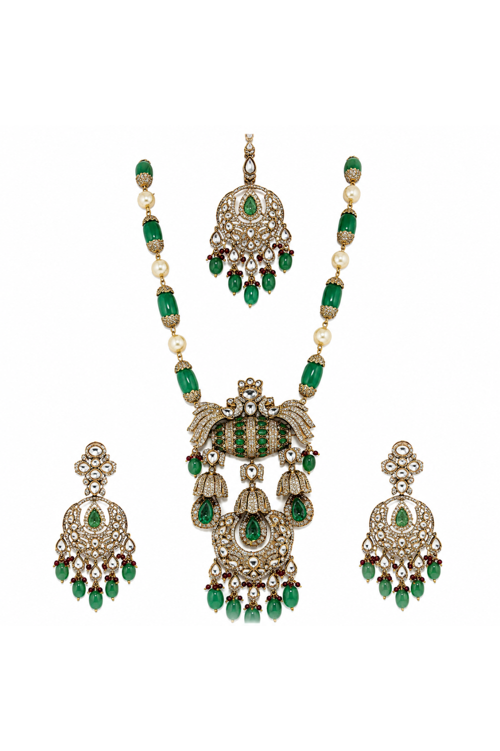 Emerald Green Semi-Precious Stone Kundan Long Necklace Set with Maang Tikka