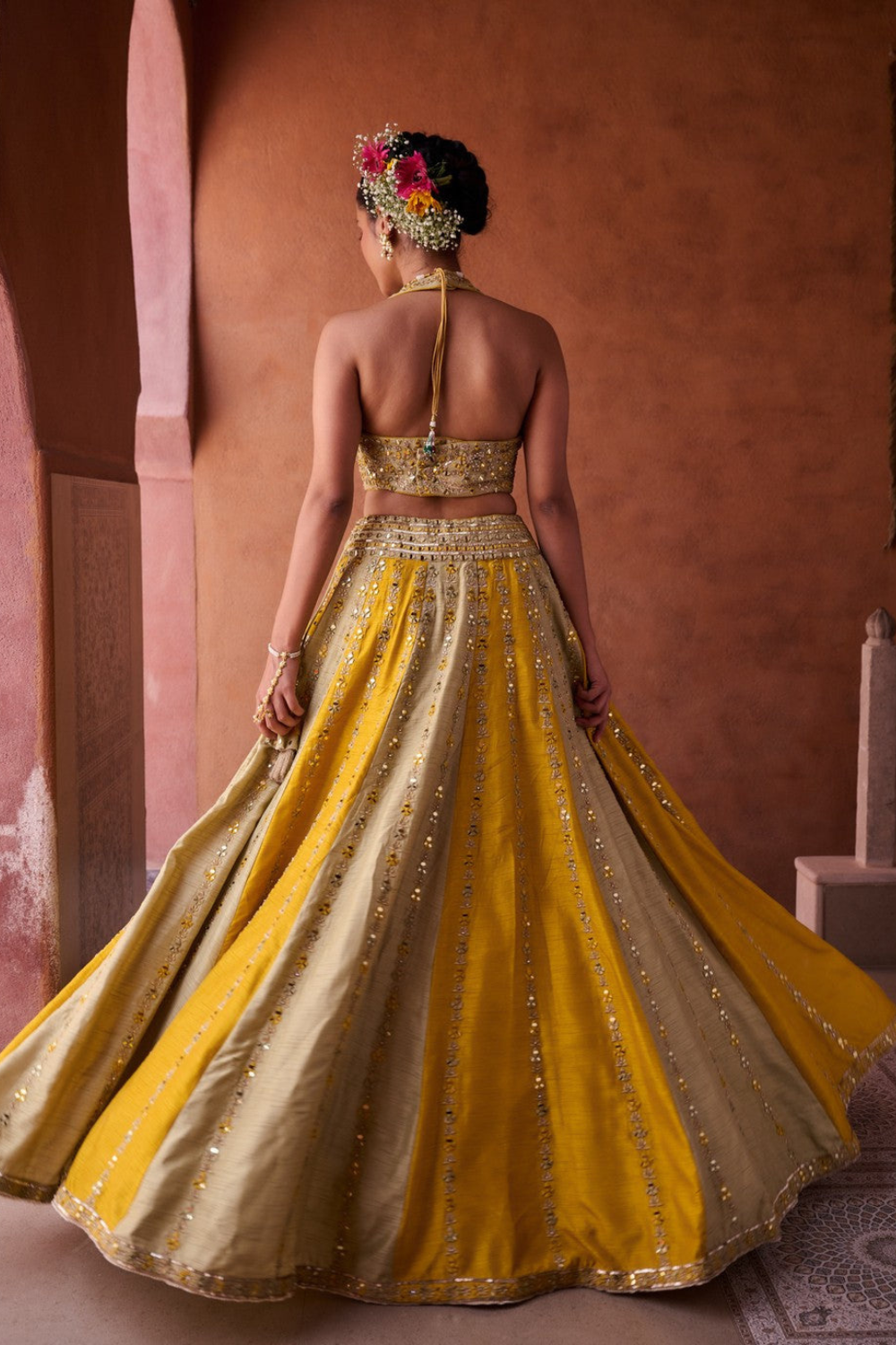 Mustard and sage green silk blouse, lehenga and organza dupatta