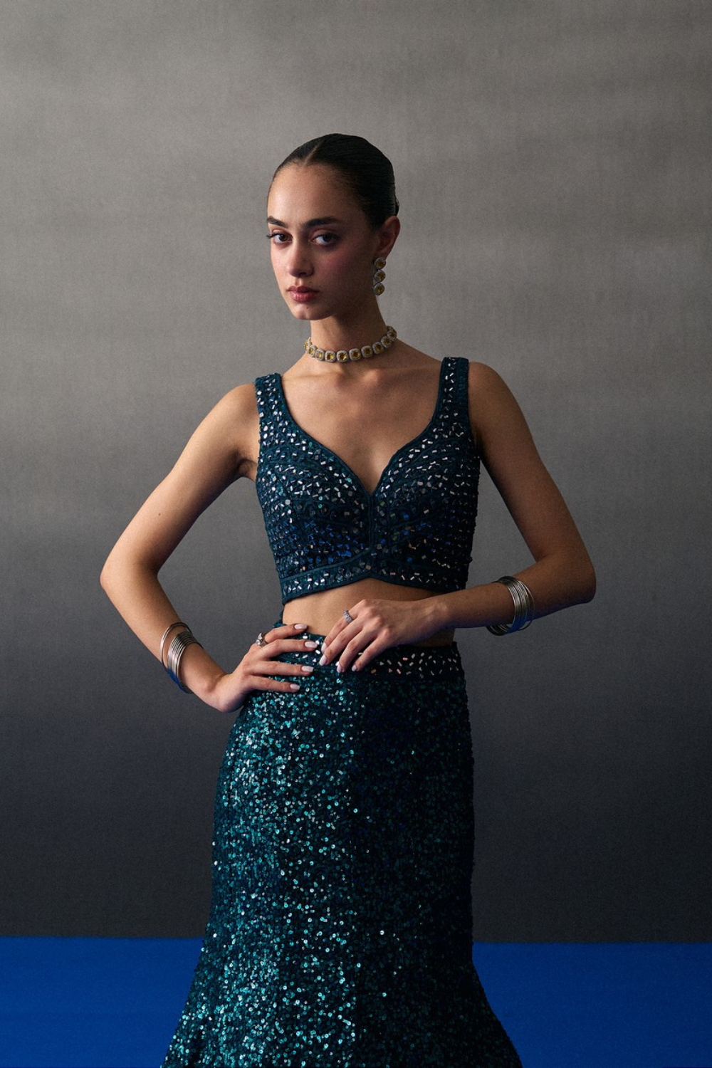 Emerald Green Satin Skirt Set