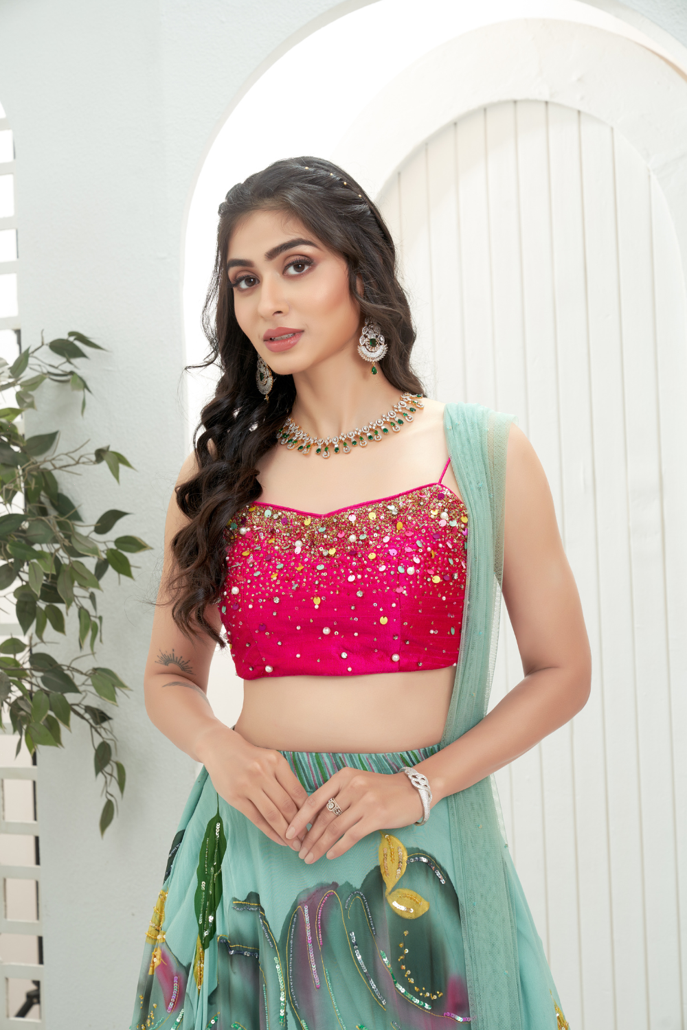 Dusty Blue hand painted lehenga with Pink embroidered bustier set