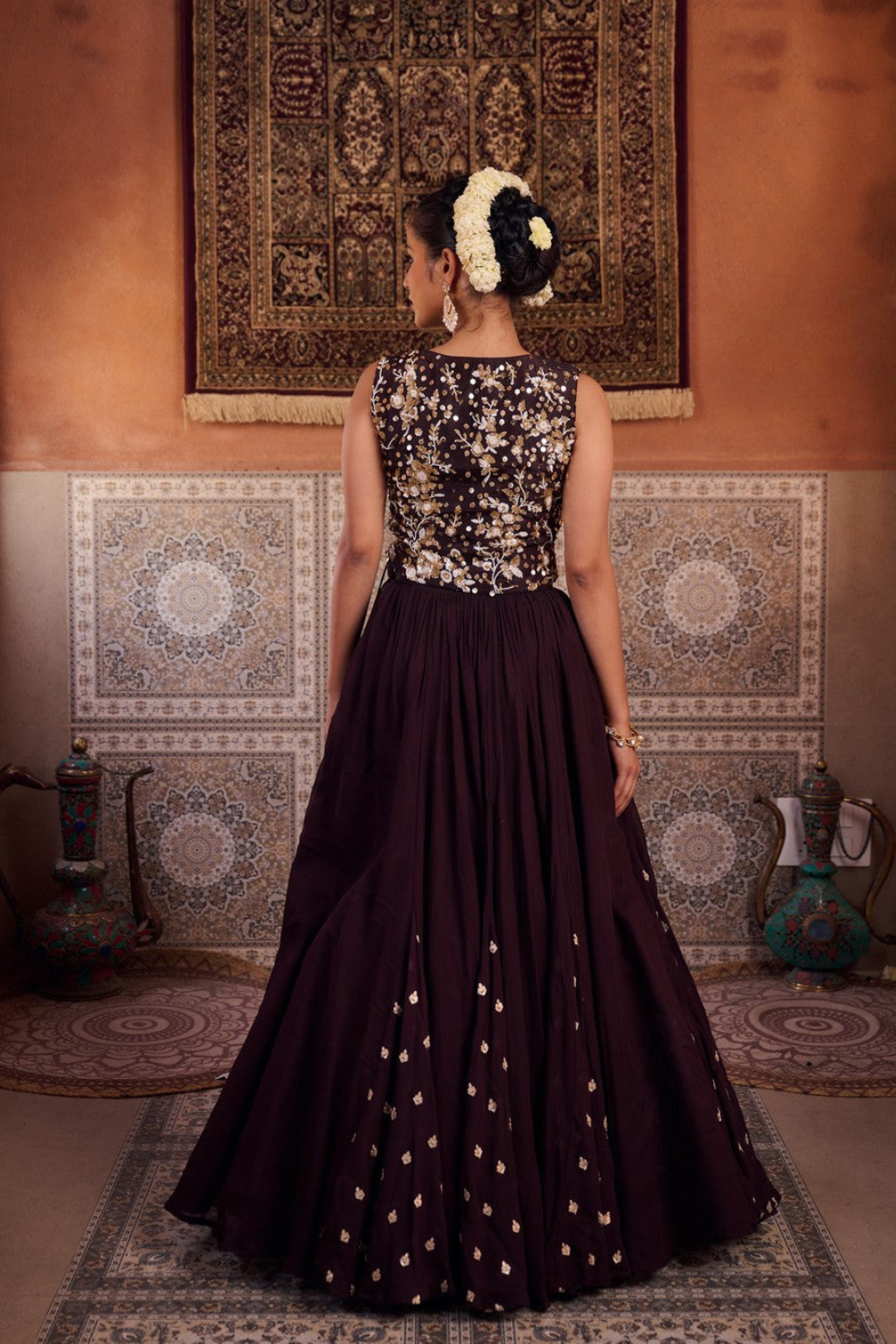 Brown embroidered silk waist coat, lehenga and dupatta