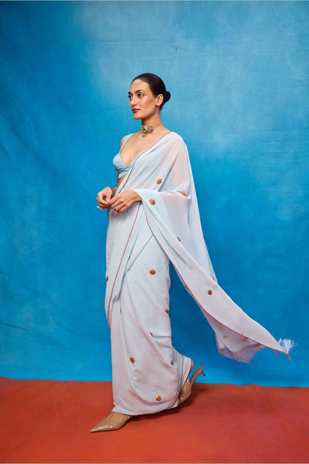 Handwoven Ice Blue Georgette Embroidered Saree