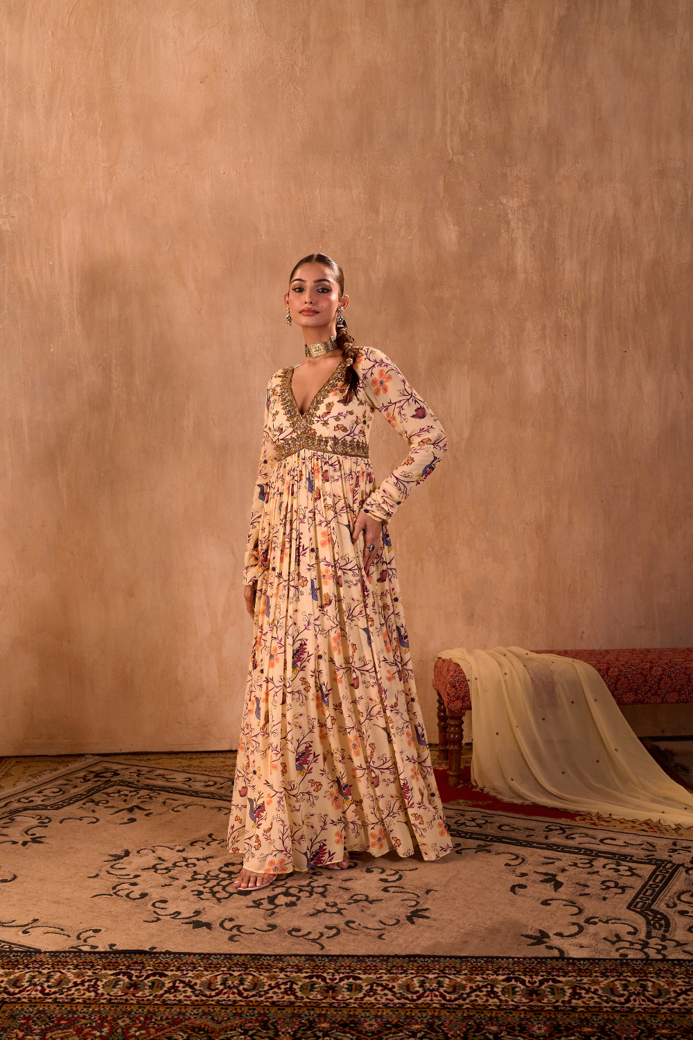 IVORY PRINT EMBROIDERED ANARKALI AND DUPATTA SET