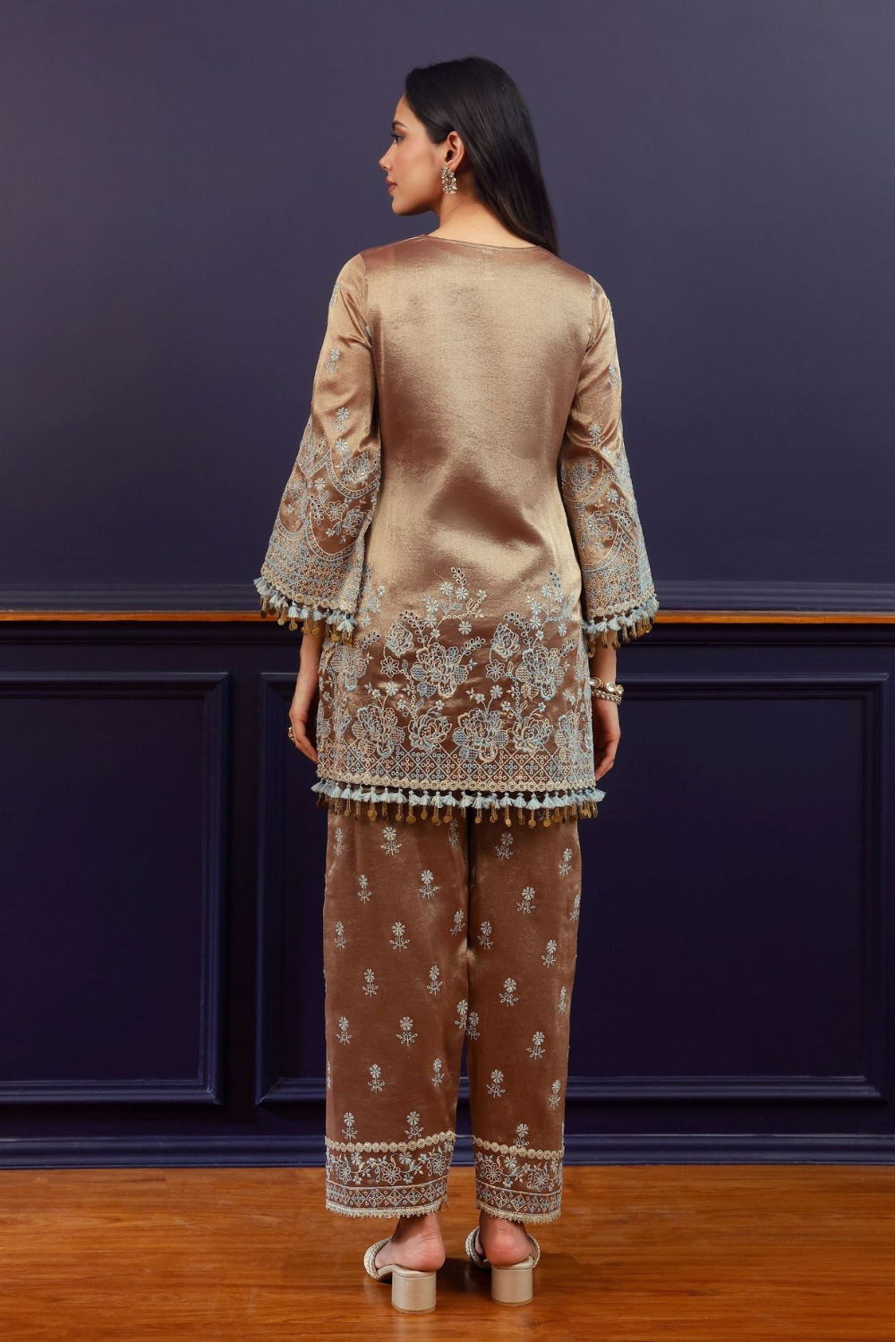 Lovi Tissue Pista Brown Kurta With Farshi Salwar