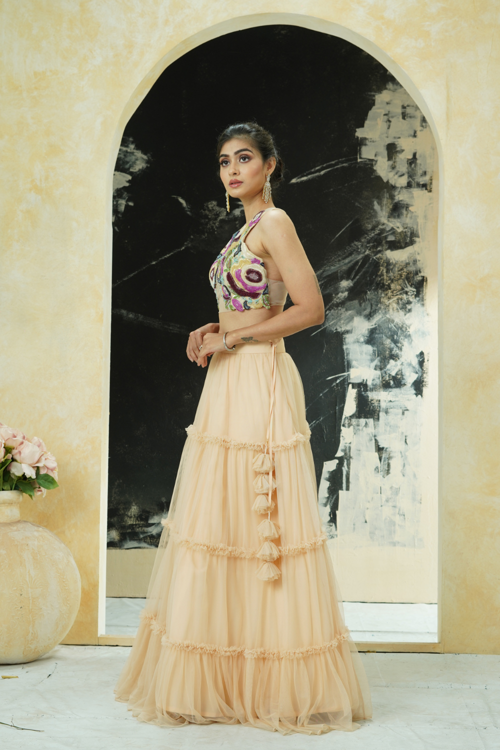 Multi-hued embroidered blouse and tier skirt set