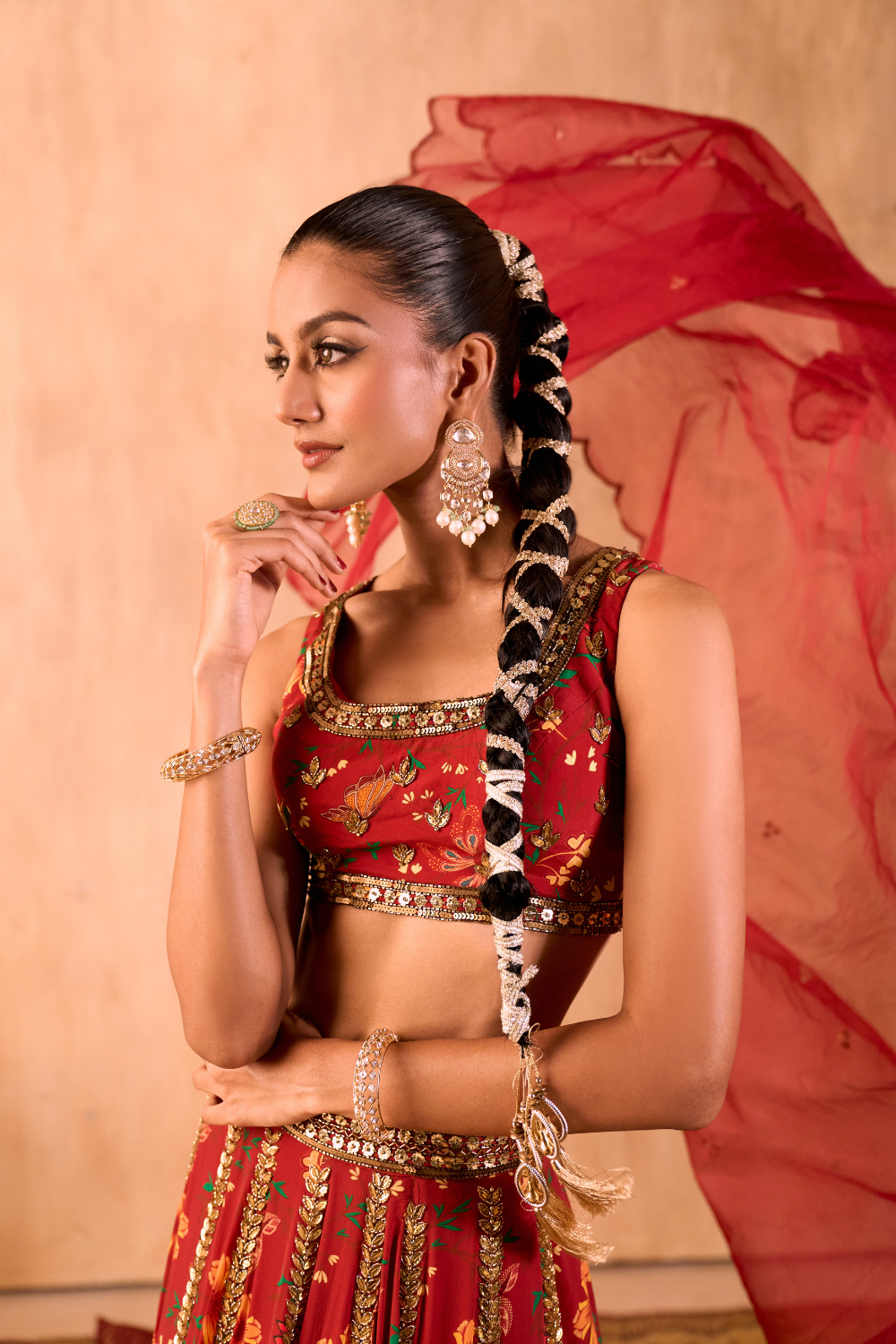 RED PRINT EMBROIDERED CHOLI, LEHENGA AND DUPATTA SET