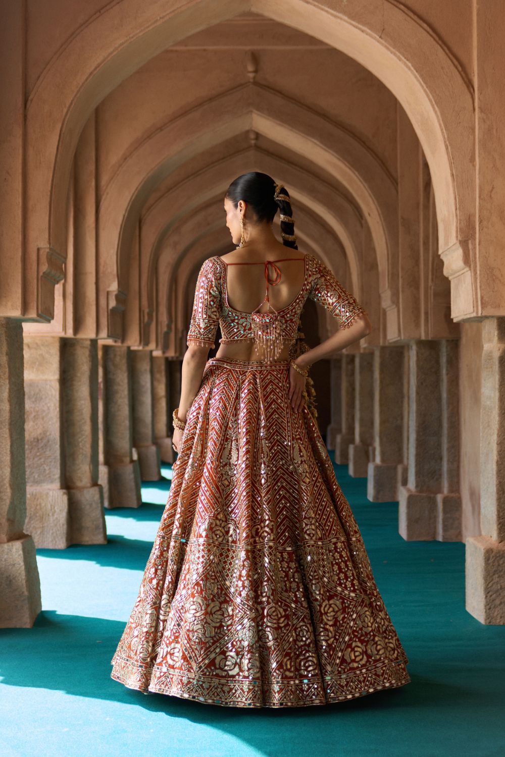 TEJ — Rust Orange Organza Lehenga Set