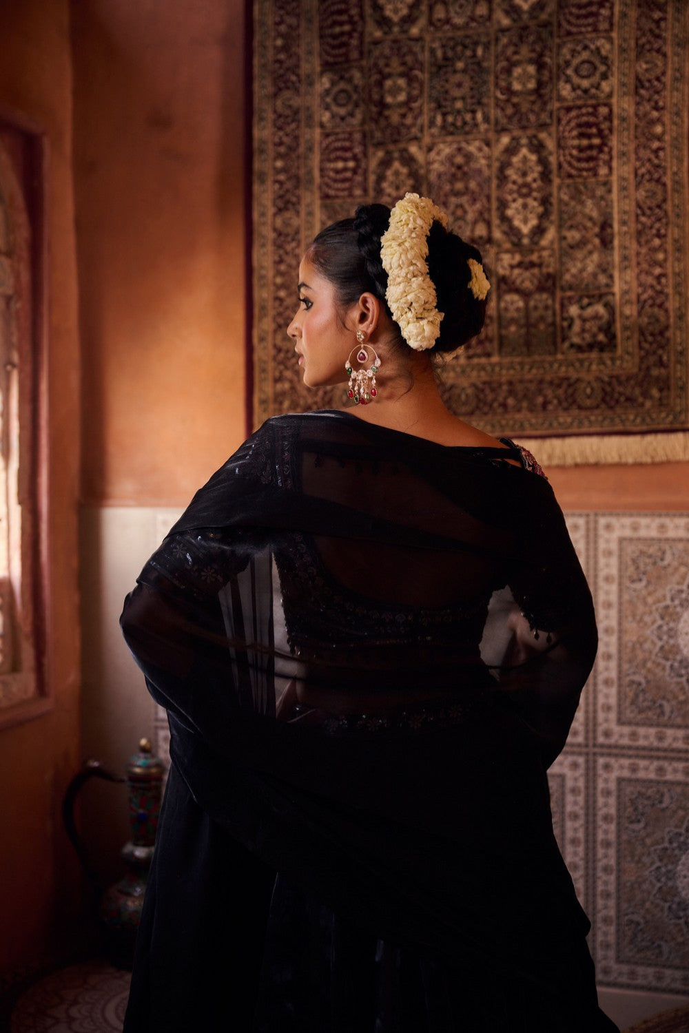 Black glass tissue embroidered blouse, lehenga and dupatta