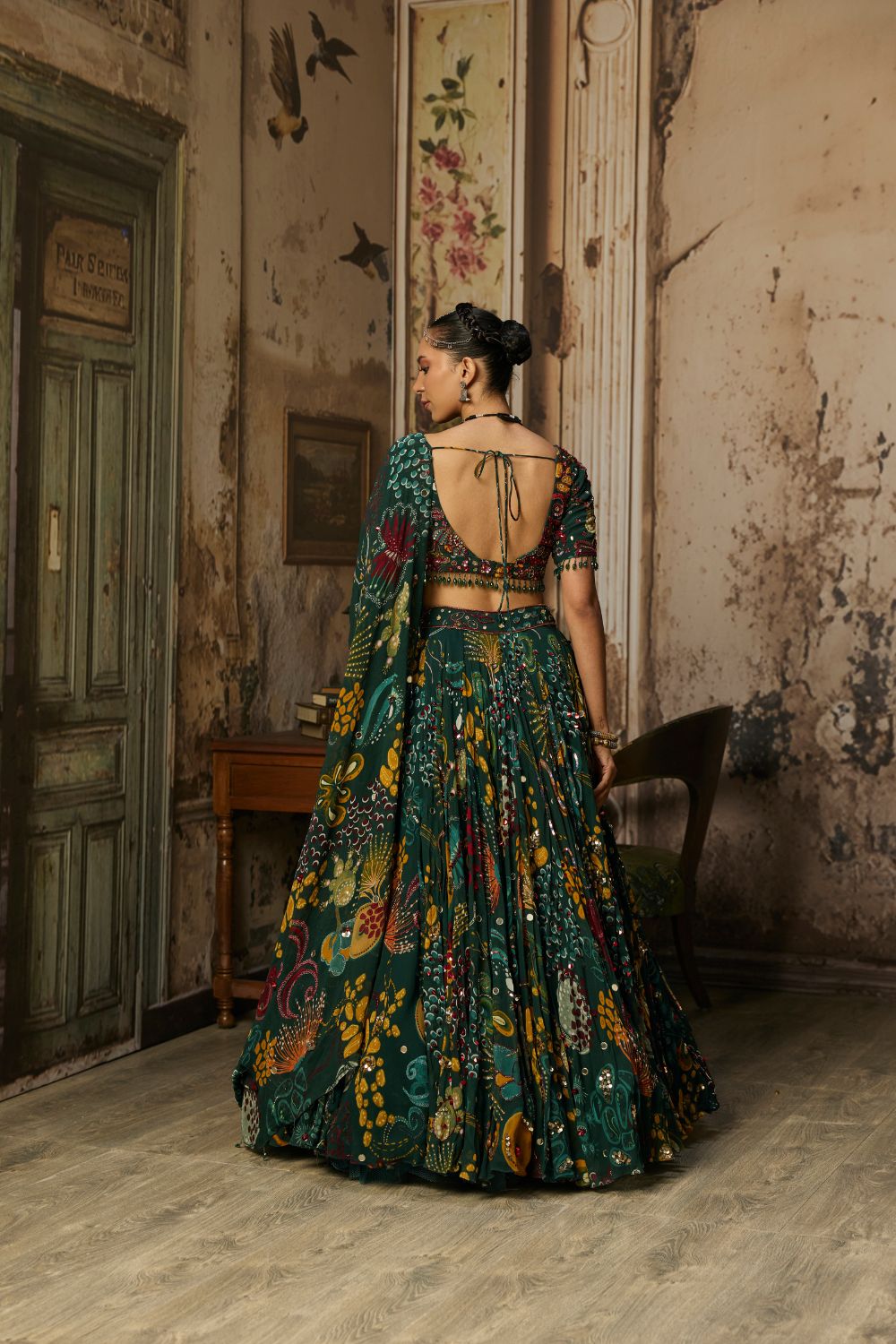 DARK GREEN PRINTED AND HIGHLIGHTED LEHENGA SET