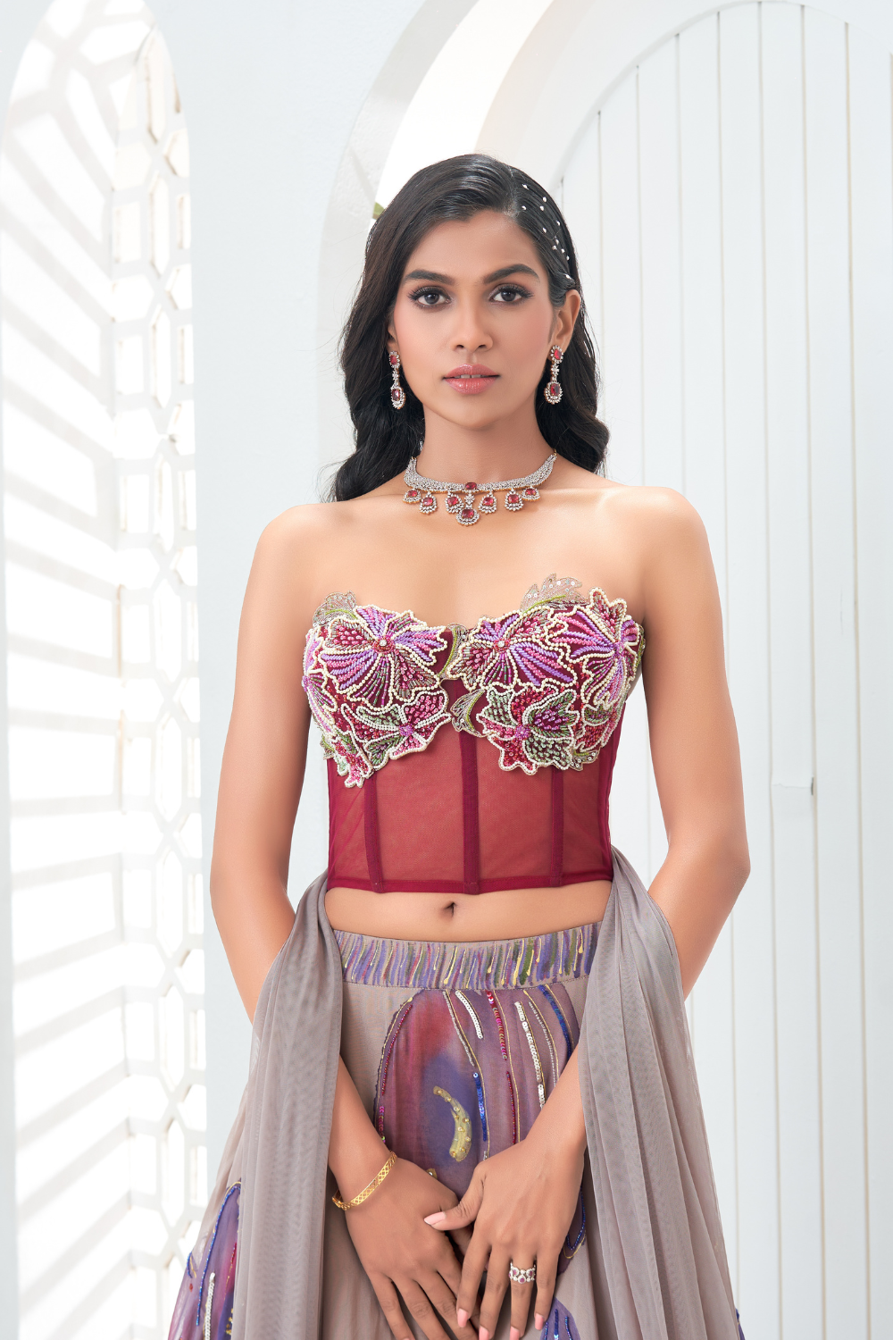 Mauve hand painted lehenga and floral corset set