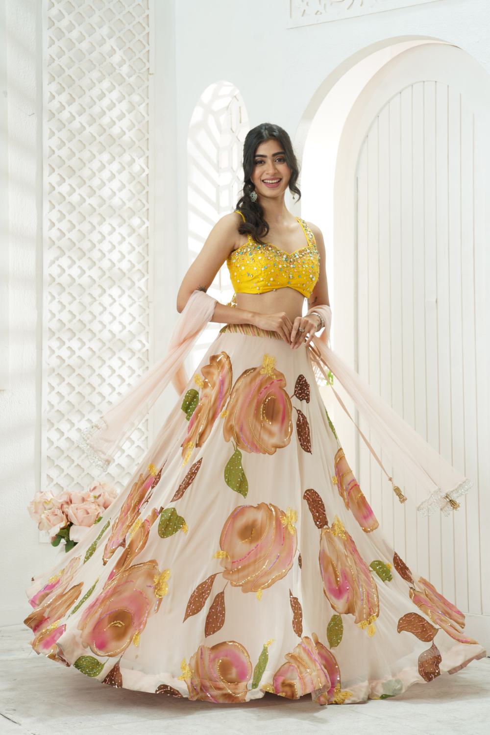 Baby Pink hand painted lehenga and embroidered Yellow blouse set