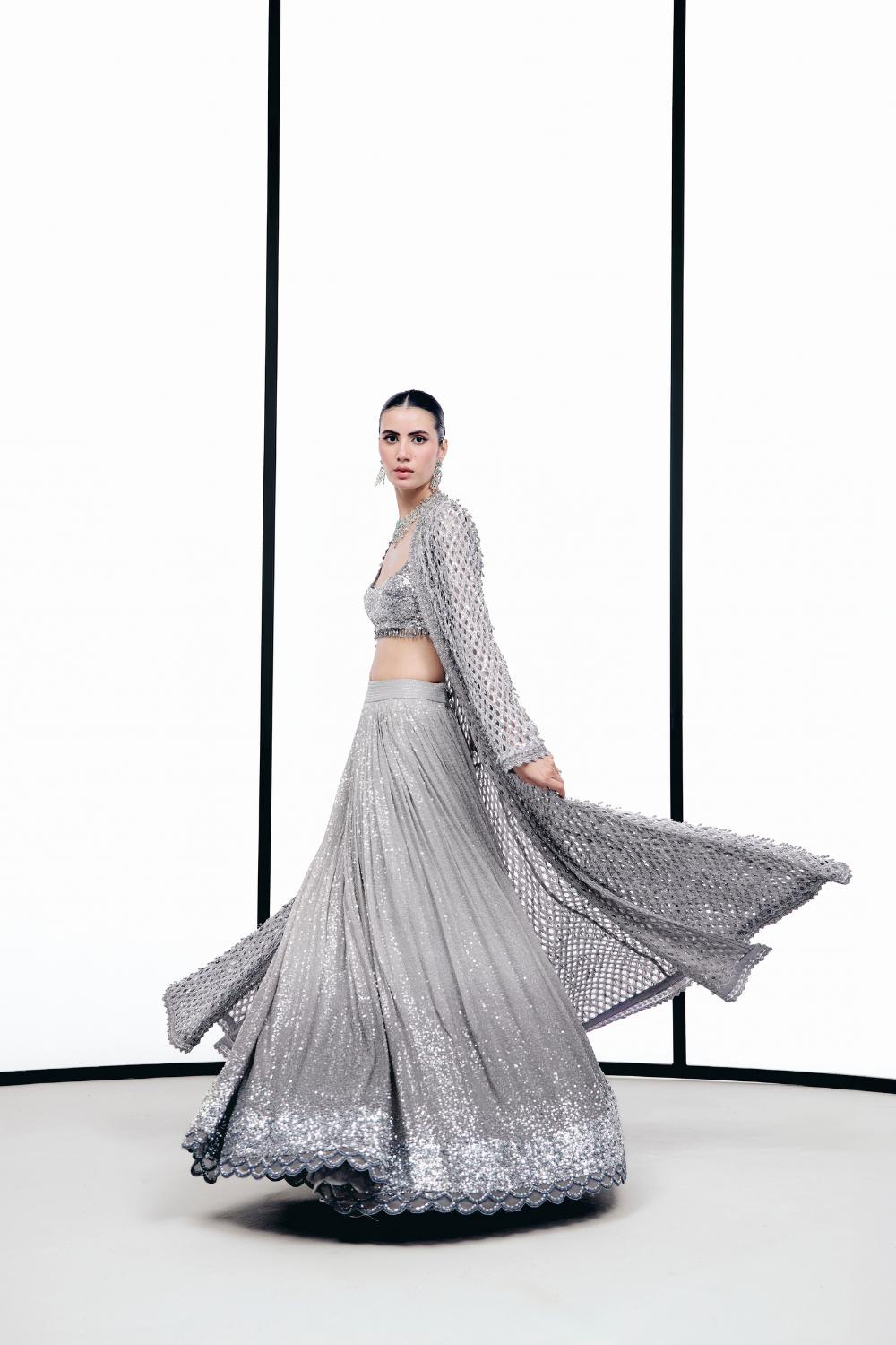 Grey Cutwork Tassel Cape Lehnega Set