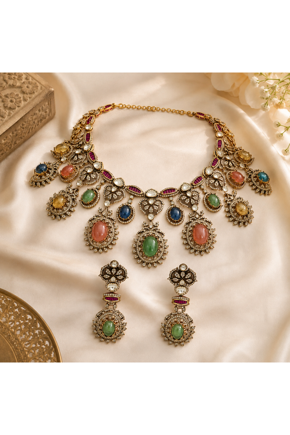 Multicolour Semi-Precious Stone Moissanite Necklace Set