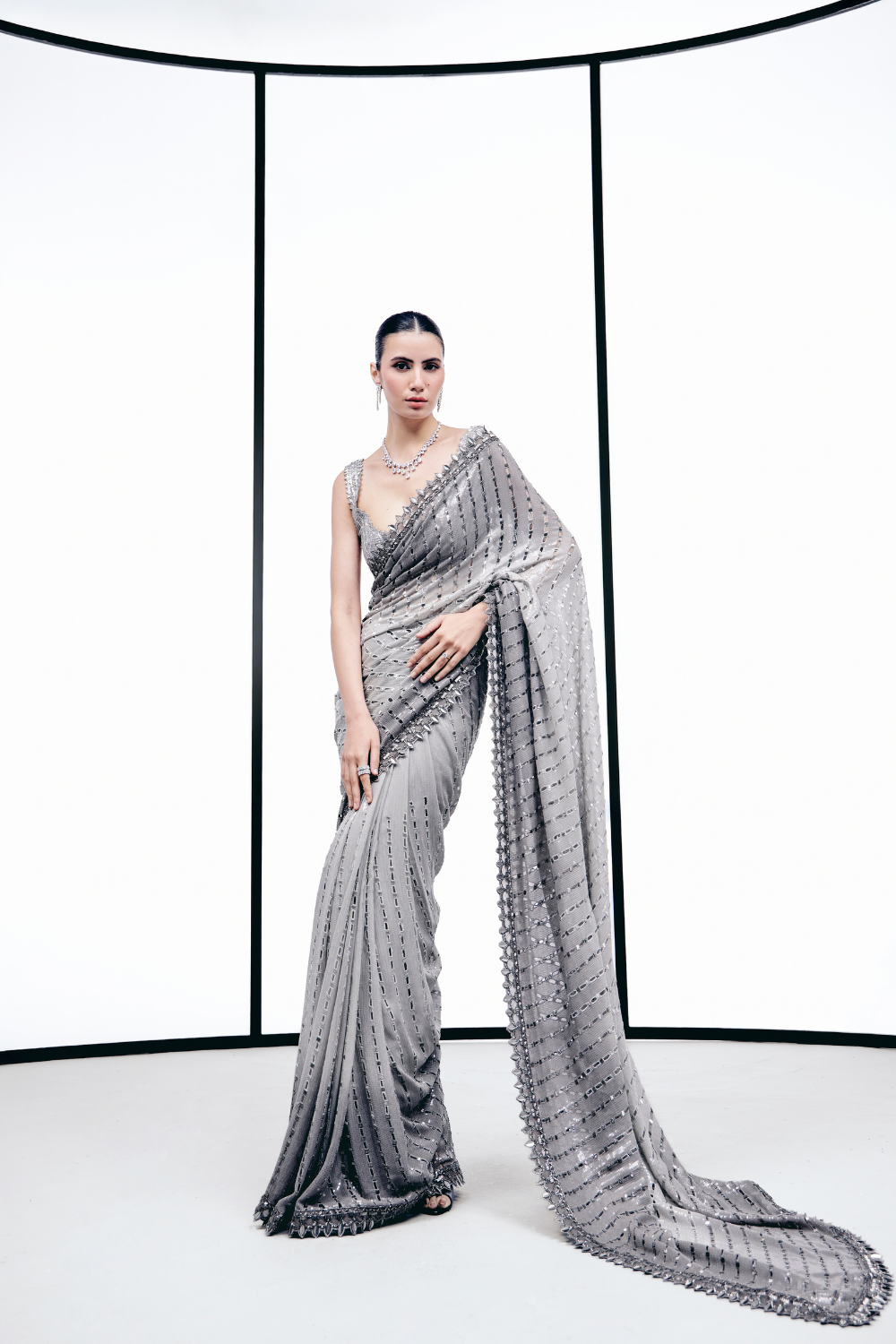 Grey Ombre Cutwork Saree Set