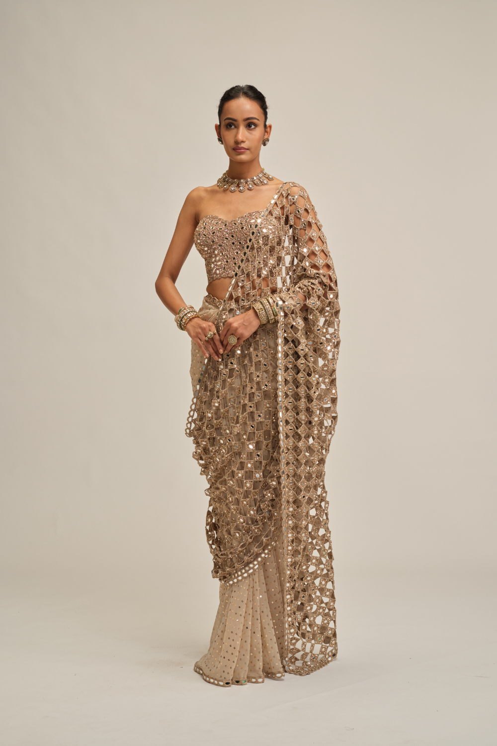 Light Beige Cutwork Pallu Saree with Corset Set