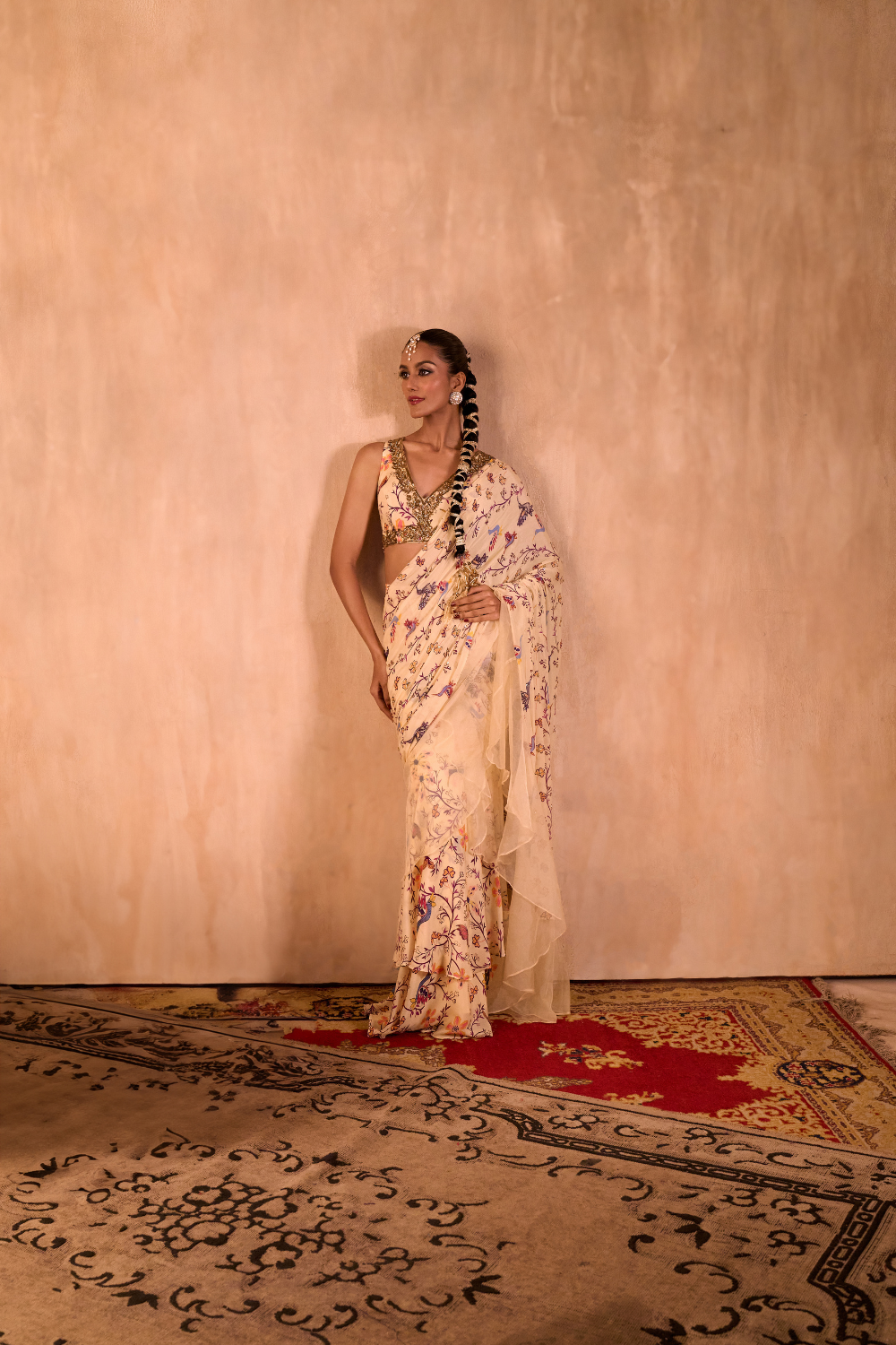 IVORY PRINT EMBROIDERED CHOLI WITH PRE DRAPED RUFFLE SARI SET