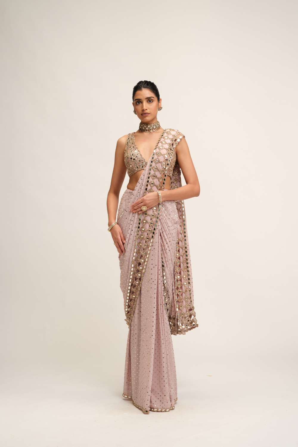 Ash Pink Cutwork Border Saree Set