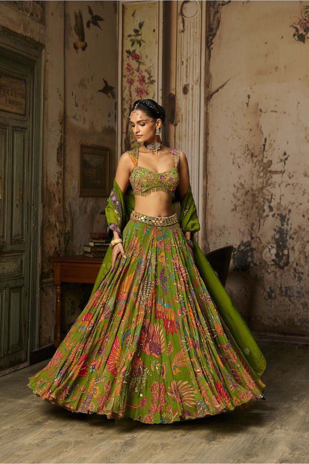 PEAR GREEN PRINTED AND HIGHLIGHTED LEHENGA SET
