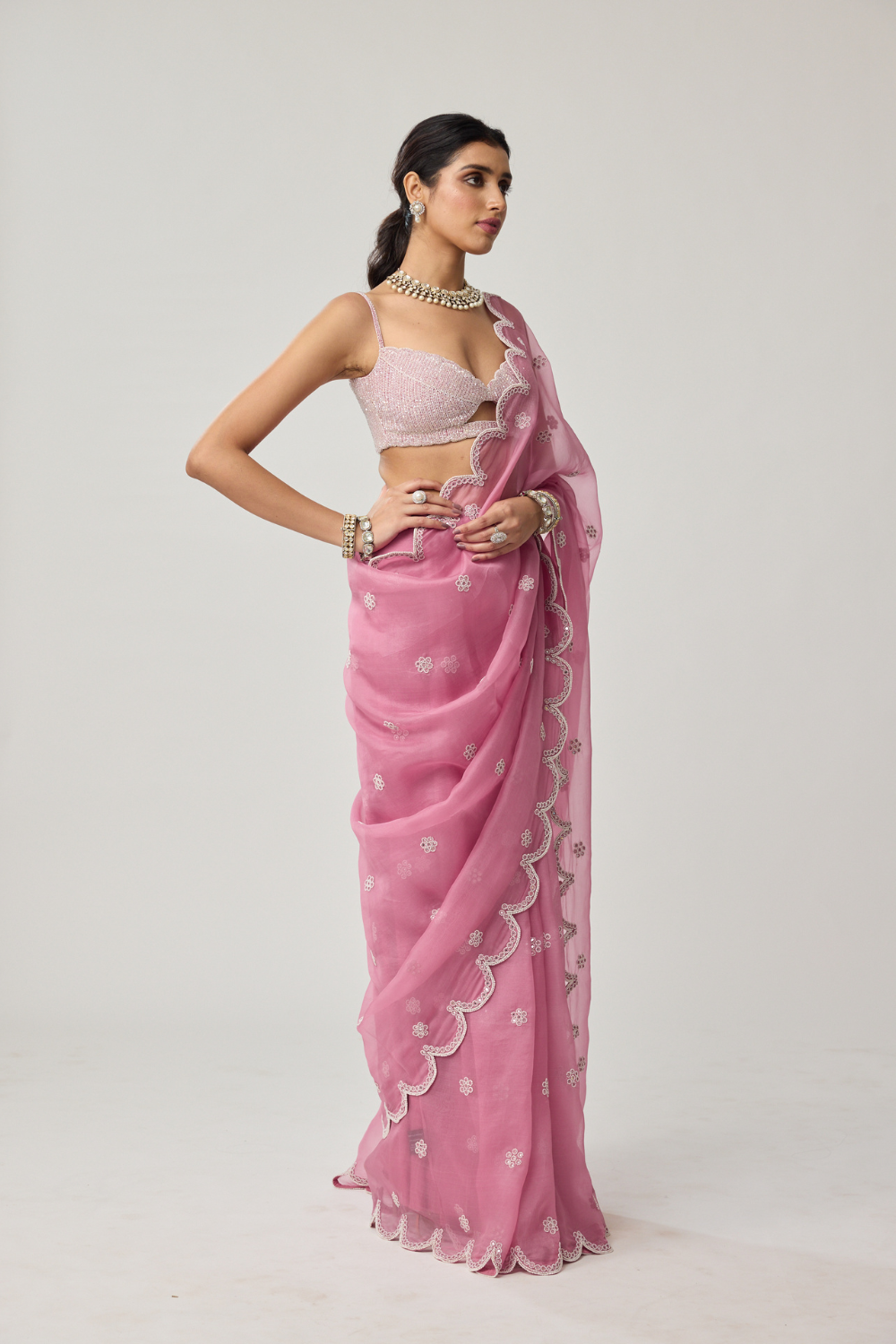 Onion Pink Organza Pearl saree set