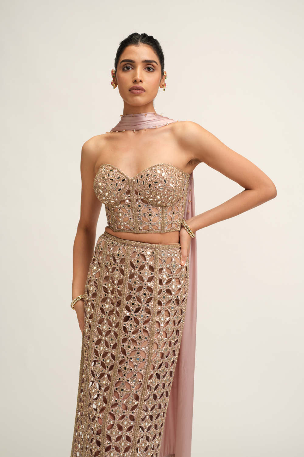 Ash Pink Cutwork Pencil Skirt Set