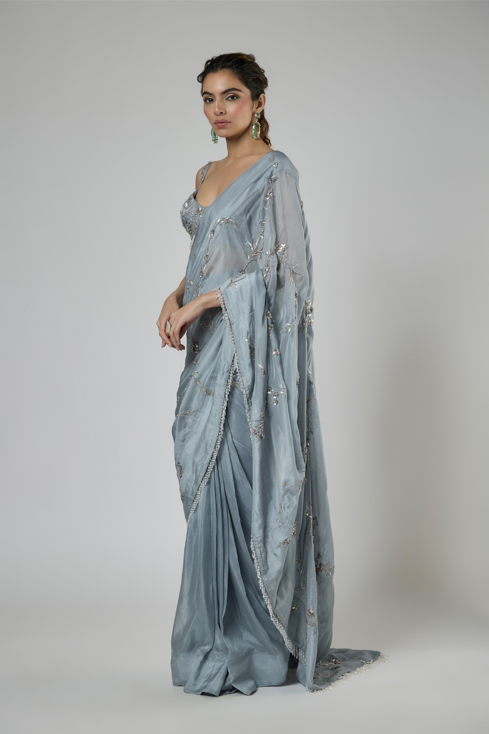 PERIWINKLE INTRICATE FLORAL EMBROIDERED SAREE SET