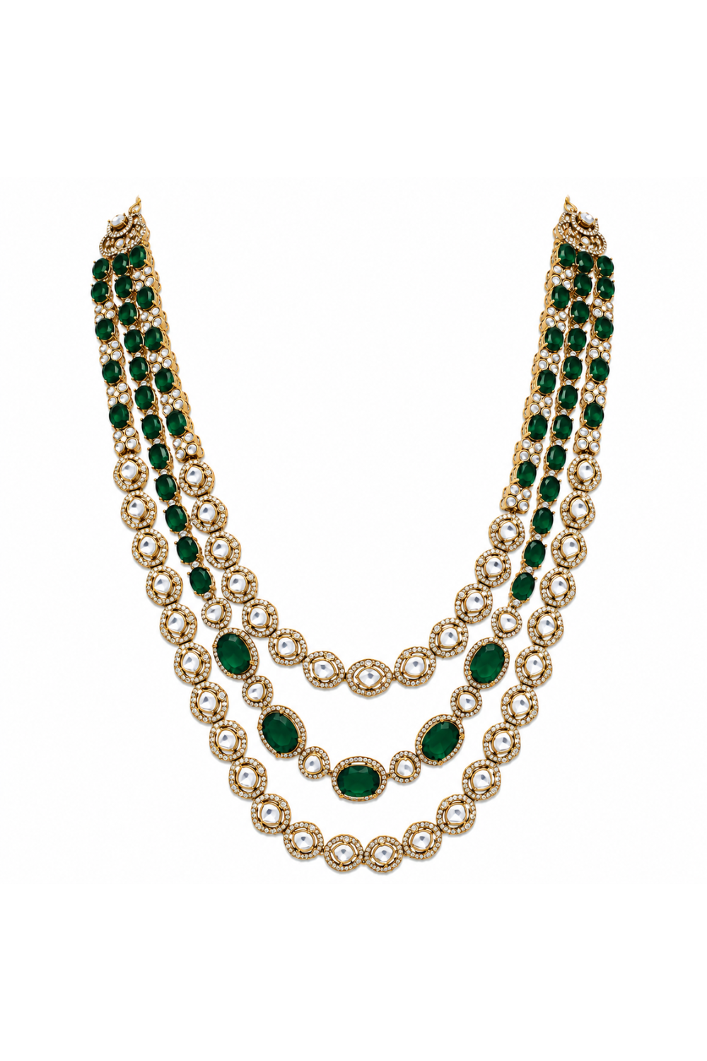 Emerald Green Moissanite Three-Layered Necklace Set