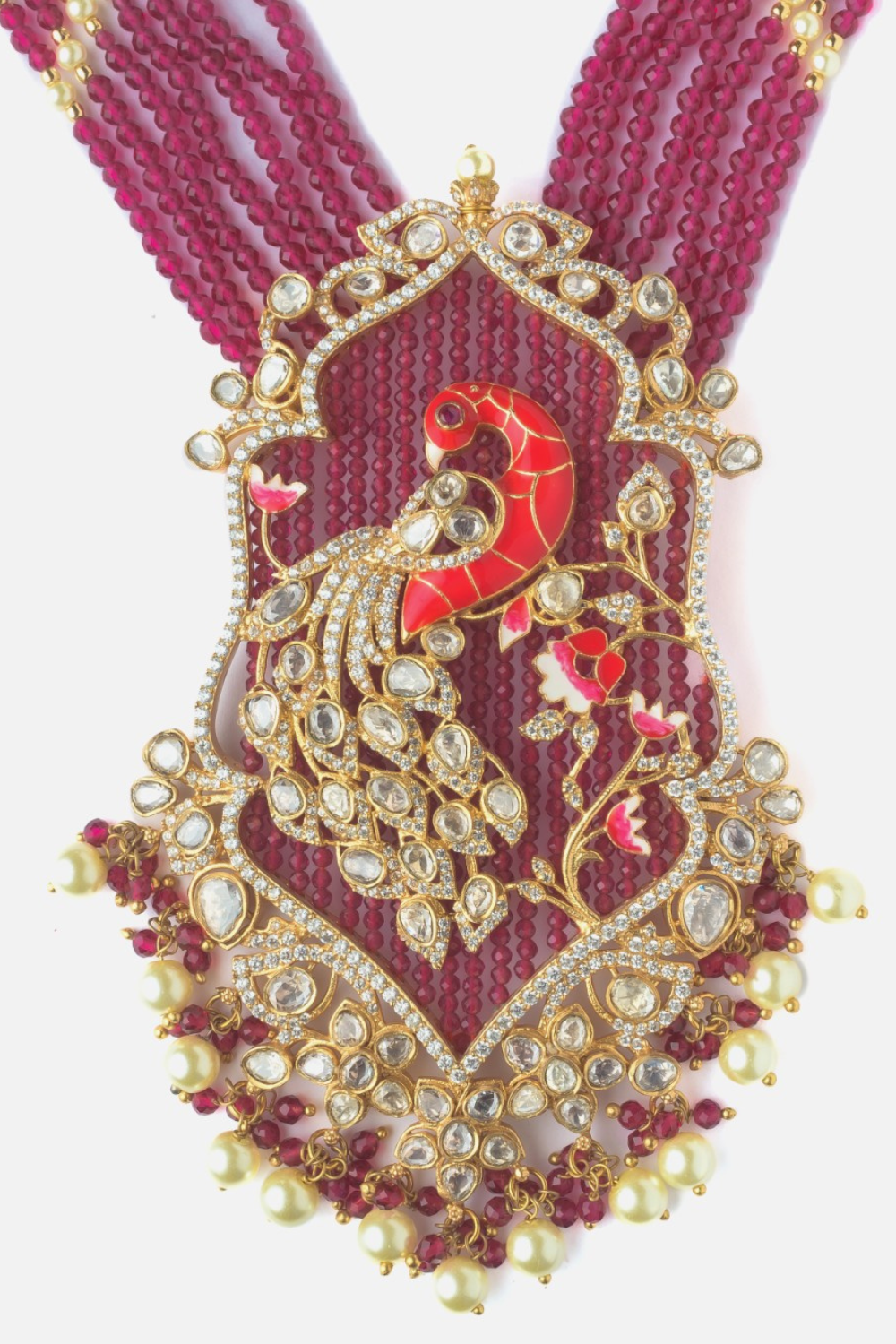Moissanite Polki Ruby Peacock Beaded Statement Necklace Set