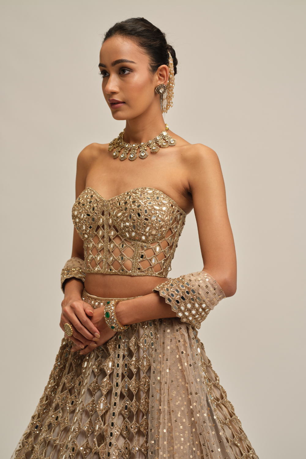 Light Beige Big Mirror Cutwork Lehenga with Corset Set