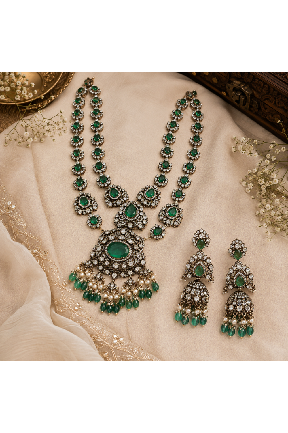 Emerald Moissanite Polki Long Two-Layered Necklace Set
