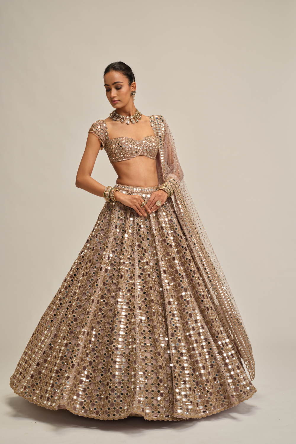 Ash Pink Dense Big Mirror Cutwork Lehenga Set