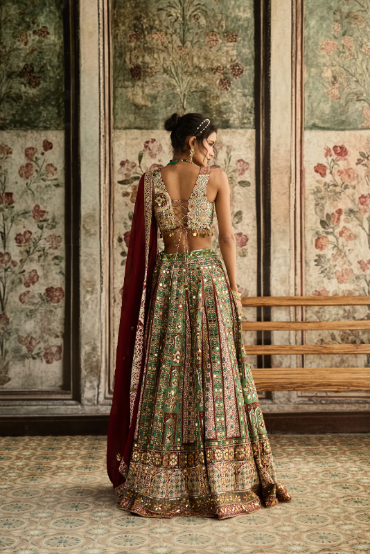 SAGE-MAROON PRINT AND HIGHLIGHTED LEHENGA SET