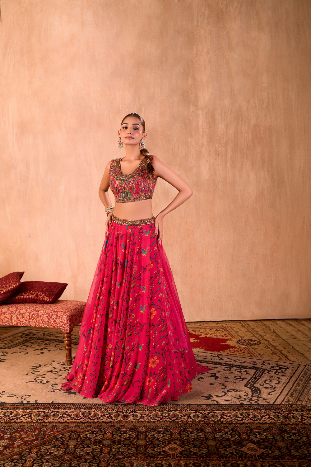 PINK PRINT EMBROIDERED CHOLI, LEHENGA AND DUPATTA SET