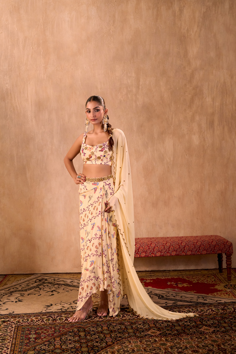 IVORY PRINT EMBROIDERED CHOLI, DRAPED SKIRT AND DUPATTA SET